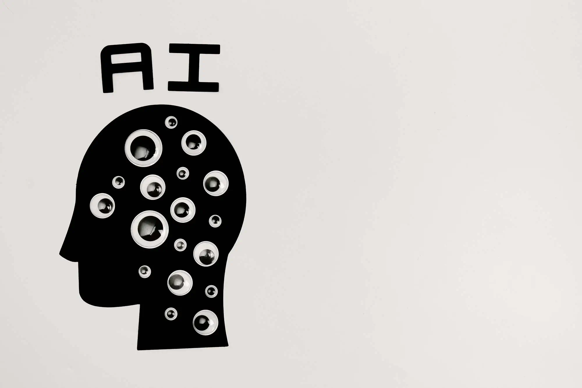 Black artificial intelligence head illustration with connected symbols representing AI-powered search technology