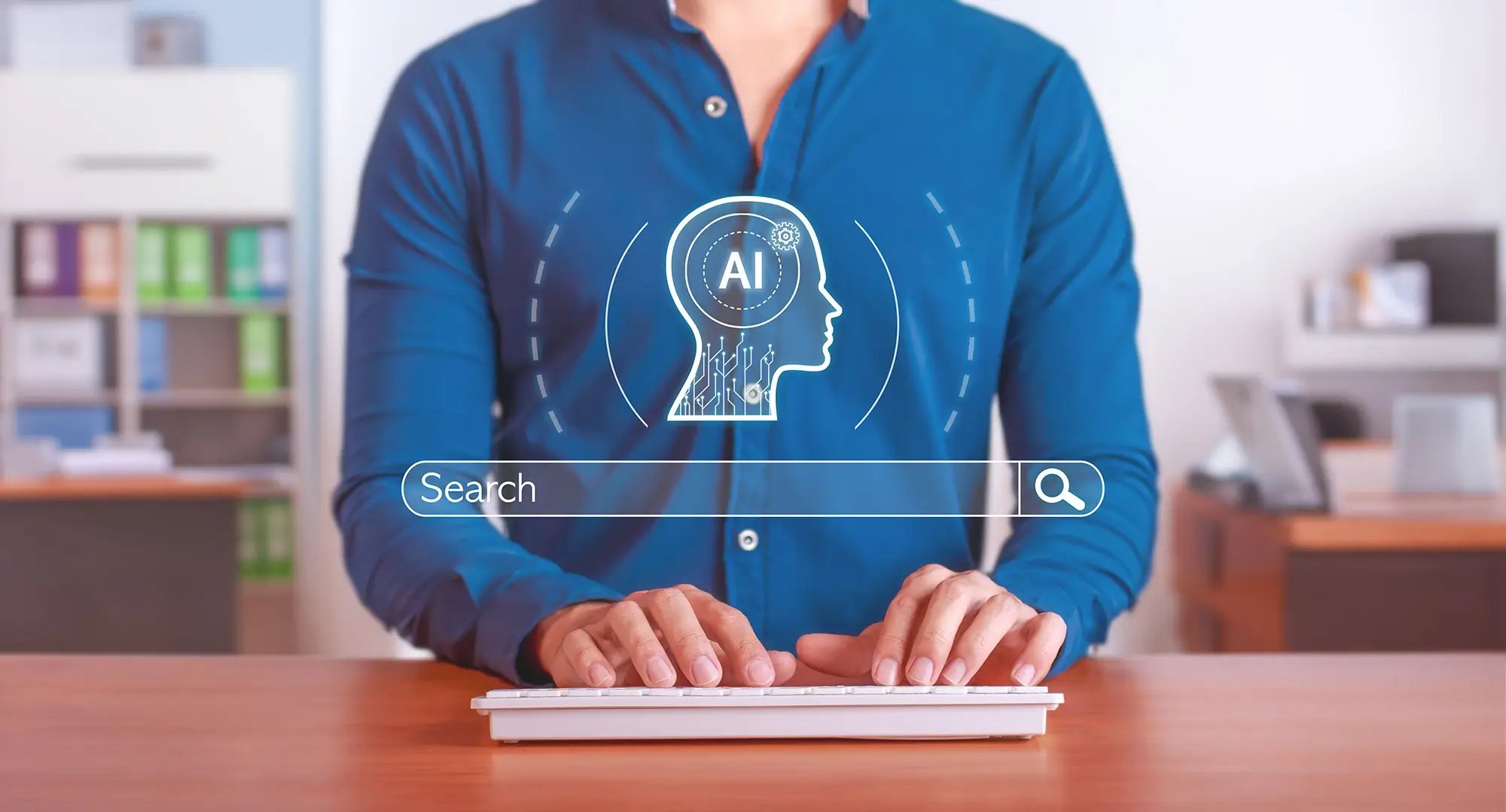 Person typing on keyboard with AI head icon and search bar overlay representing AI search engine optimization