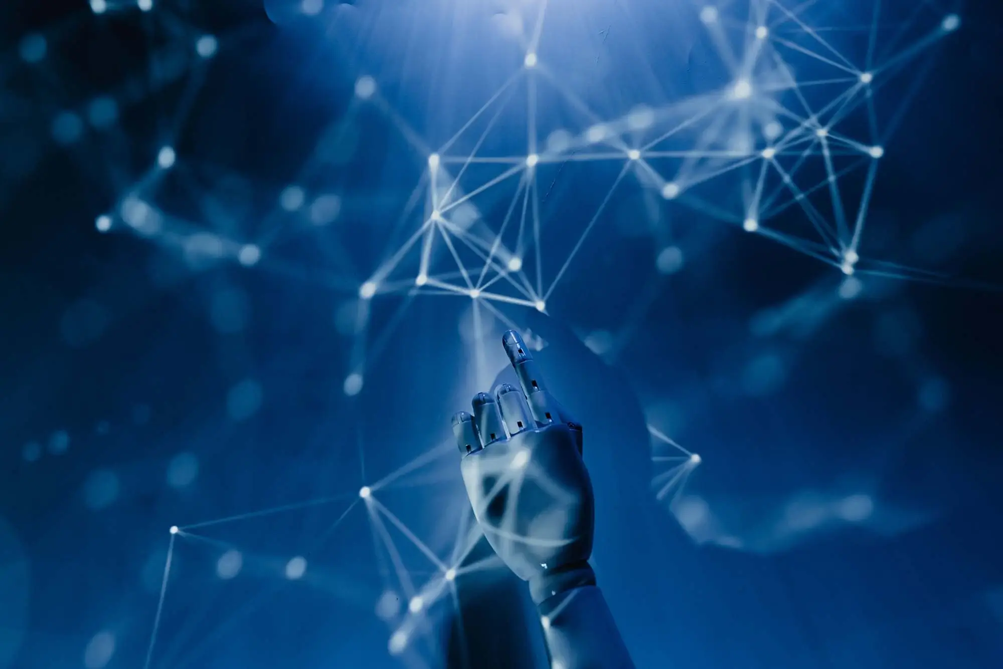Blue digital network illustrating artificial intelligence, connected systems, and AI-powered search technology