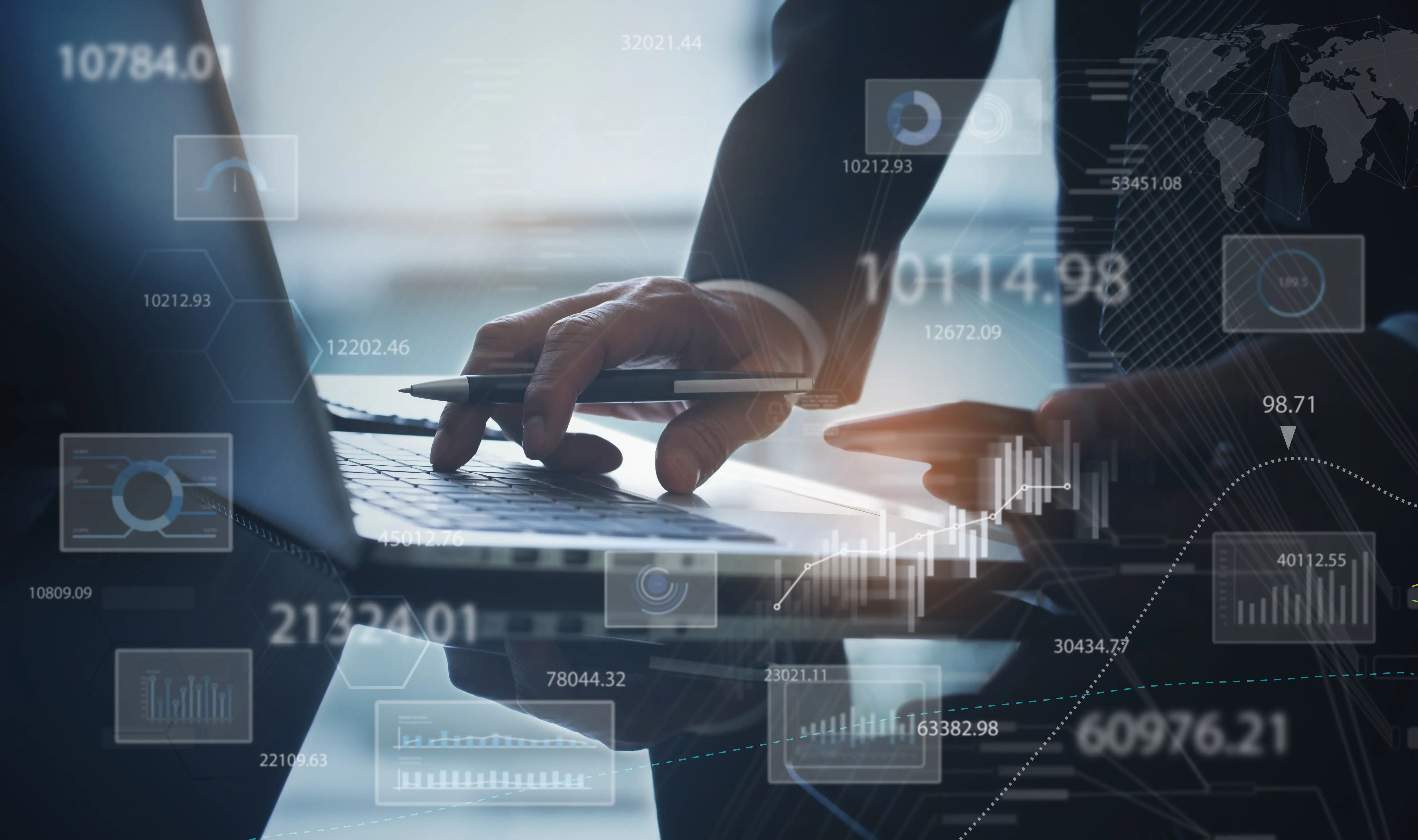 Business intelligence and data analytics dashboard showing financial growth charts with businessman working on laptop for sales performance optimization