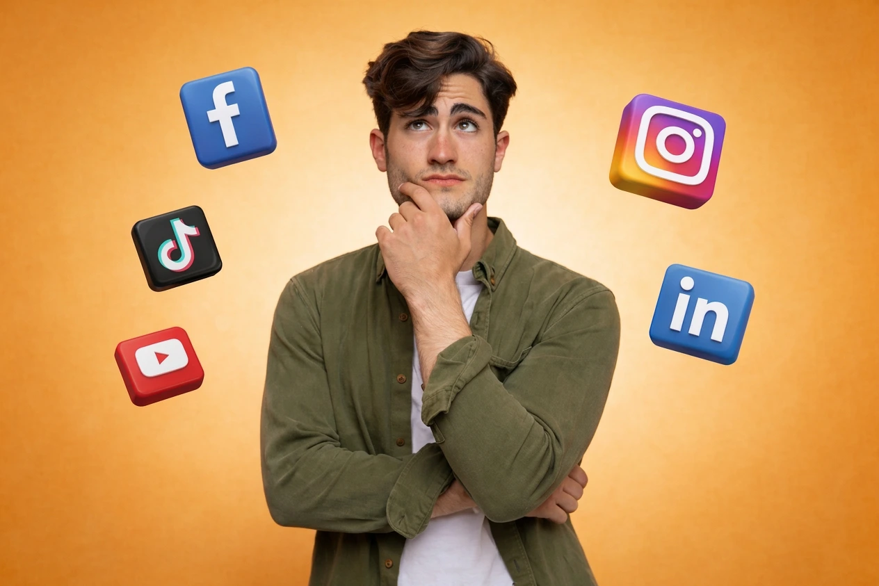 Illustration of a young person looking confused, representing digital marketing FAQ support