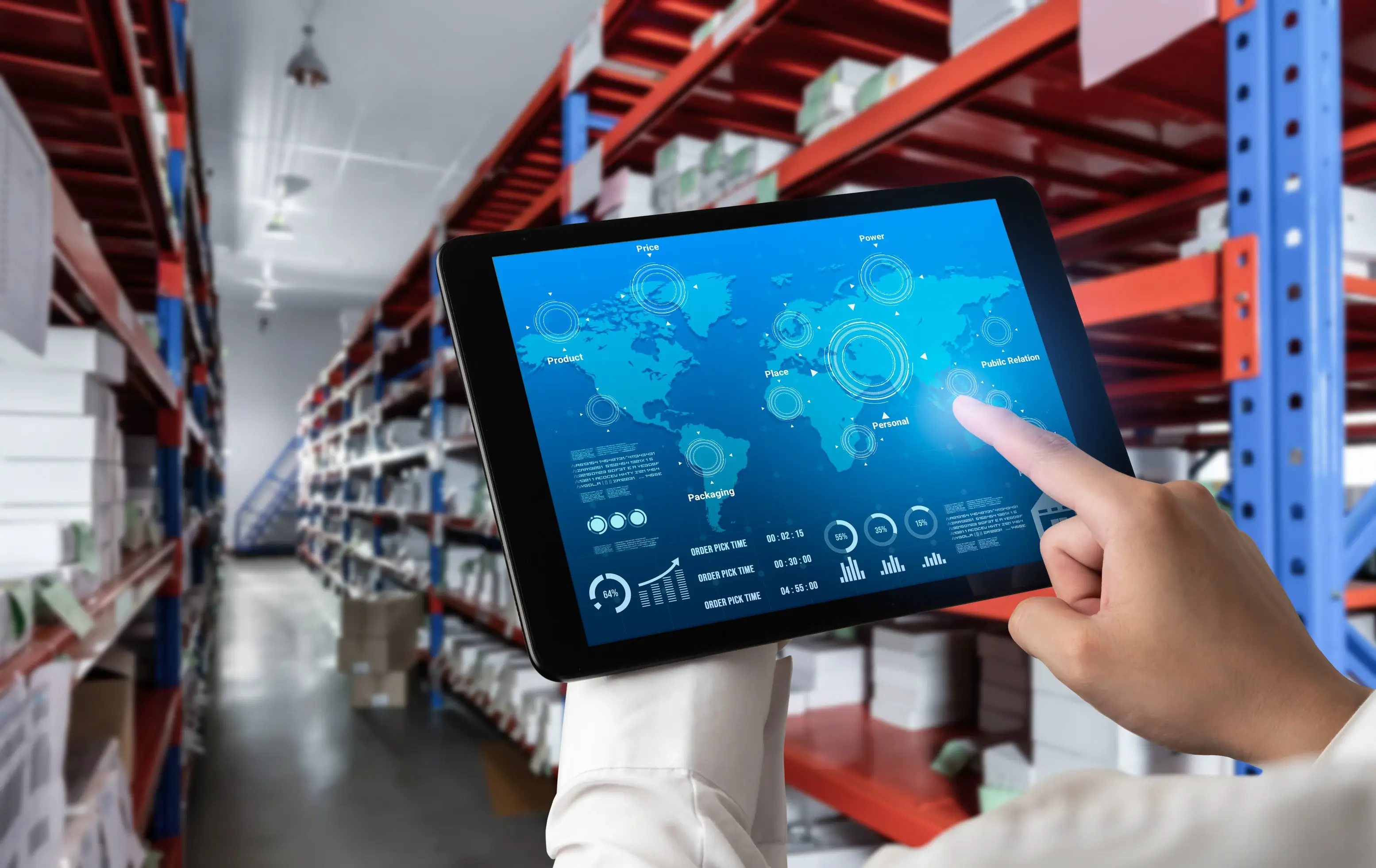 Warehouse inventory management software showing real-time monitoring of goods, package delivery, and smart supply chain dashboard on computer screen
