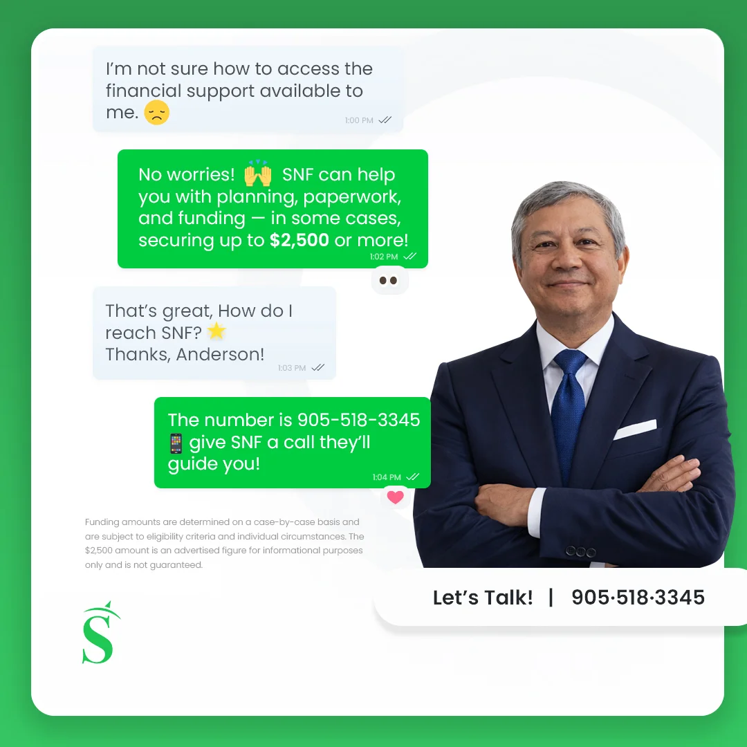 SNF Social Media post featuring Anderson, COO, highlighting funding programs supporting families with special needs