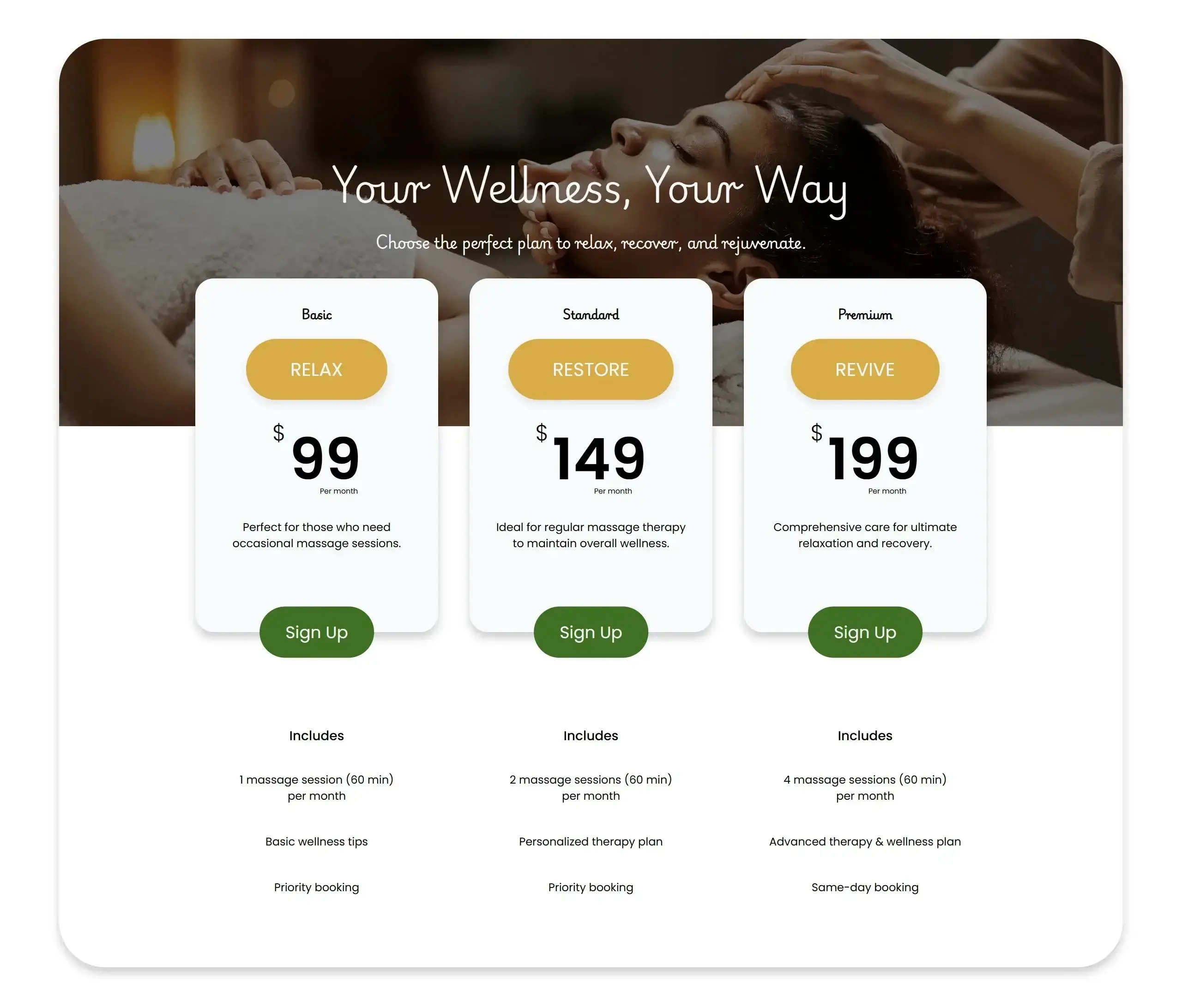 Acupuncture website pricing and plans page displaying service packages and appointment options for patients